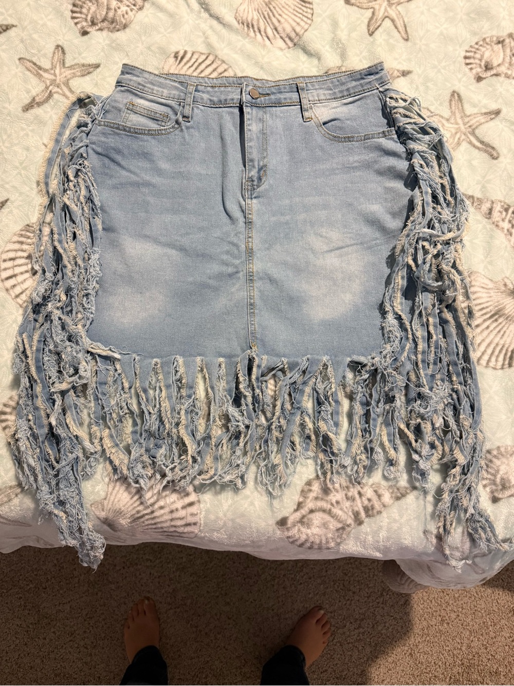 Fringed Light Blue Denim Mini Skirt - Women